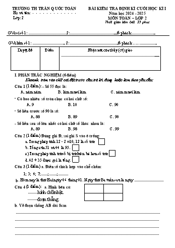 Đề kiểm tra cuối học kỳ I môn Toán Lớp 2 - Năm học 2024-2025 - Trường Tiểu học Trần Quốc Toản (Có đáp án)