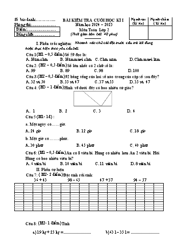 Đề kiểm tra cuối học kỳ I môn Toán Lớp 2 - Năm học 2024-2025 - Trường Tiểu học Cộng Hiền (Có đáp án + Ma trận)