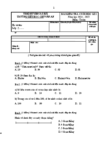 Đề kiểm tra cuối học kỳ I môn Toán Lớp 2 - Năm học 2024-2025 - Trường Tiểu học Chu Văn An (Có đáp án + Ma trận)