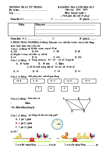 Đề kiểm tra cuối học kỳ I môn Toán Lớp 2 - Năm học 2024-2025 - Trường Tiểu học Lý Tự Trọng (Có đáp án)