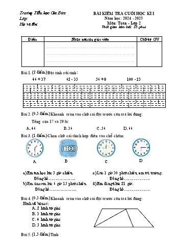 Đề kiểm tra cuối học kỳ I môn Toán Lớp 2 - Năm học 2024-2025 - Trường Tiểu học Gia Đức