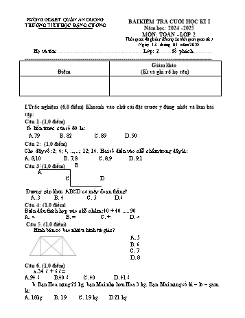 Đề kiểm tra cuối học kỳ I môn Toán Lớp 2 - Năm học 2024-2025 - Trường Tiểu học Đặng Cương (Có đáp án + Ma trận)
