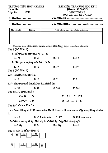 Đề kiểm tra cuối học kỳ I môn Toán Lớp 2 - Năm học 2024-2025 - Trường Tiểu học Nam Hà (Có đáp án)