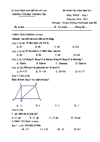 Đề kiểm tra cuối học kỳ I môn Toán Lớp 2 - Năm học 2024-2025 - Trường Tiểu học Trường Thọ (Có đáp án)