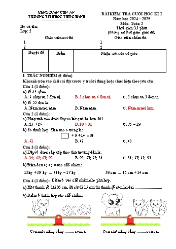 Đề kiểm tra cuối học kỳ I môn Toán Lớp 2 - Năm học 2024-2025 - Trường Tiểu học Thực Hành (Có đáp án)