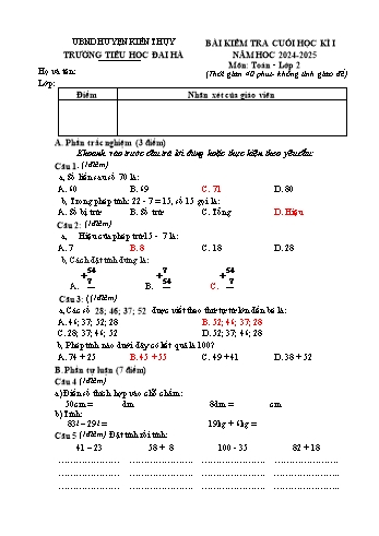 Đề kiểm tra cuối học kỳ I môn Toán Lớp 2 - Năm học 2024-2025 - Trường Tiểu học Đại Hà (Có đáp án)