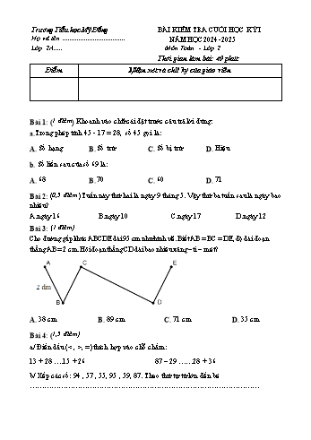 Đề kiểm tra cuối học kỳ I môn Toán Lớp 2 - Năm học 2024-2025 - Trường Tiểu học Mỹ Đồng (Có đáp án + Ma trận)