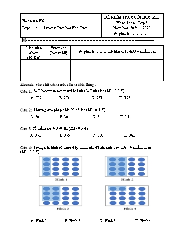 Đề kiểm tra cuối học kỳ I môn Toán Lớp 3 - Năm học 2024-2025 - Trường Tiểu học Hòa Tiến (Có đáp án)
