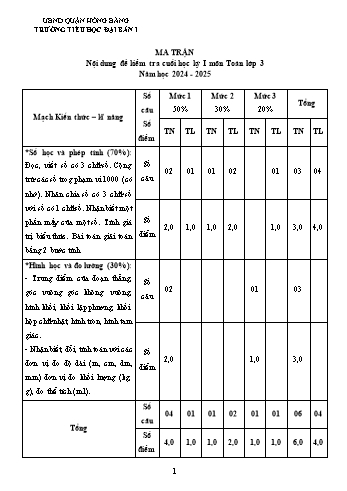 Đề kiểm tra cuối học kỳ I môn Toán Lớp 3 - Năm học 2024-2025 - Trường Tiểu học Đại Bản I (Có đáp án + Ma trận)
