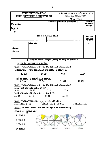 Đề kiểm tra cuối học kỳ I môn Toán Lớp 3 - Năm học 2024-2025 - Trường Tiểu học Chu Văn An (Có đáp án + Ma trận)