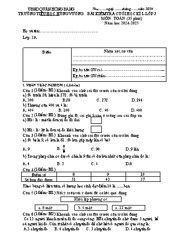 Đề kiểm tra cuối học kỳ I môn Toán Lớp 3 - Năm học 2024-2025 - Trường Tiểu học Hùng Vương (Có đáp án)