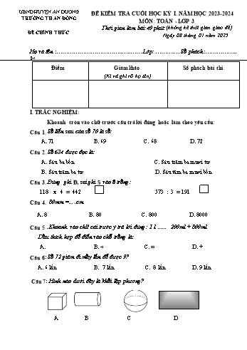 Đề kiểm tra cuối học kỳ I môn Toán Lớp 3 - Năm học 2024-2025 - Trường Tiểu học An Đồng (Có đáp án + Ma trận)