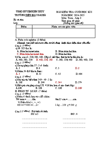 Đề kiểm tra cuối học kỳ I môn Toán Lớp 3 - Năm học 2024-2025 - Trường Tiểu học Đại Hà (Có đáp án)