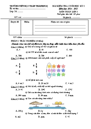 Đề kiểm tra cuối học kỳ I môn Toán Lớp 3 - Năm học 2024-2025 - Trường Tiểu học Trần Thành Ngọ (Có đáp án)