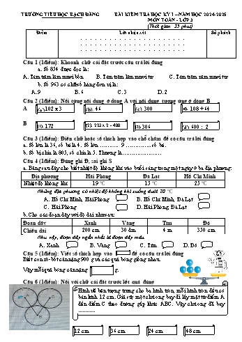 Đề kiểm tra cuối học kỳ I môn Toán Lớp 3 - Năm học 2024-2025 - Trường Tiểu học Bạch Đằng