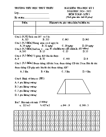 Đề kiểm tra cuối học kỳ I môn Toán Lớp 3 - Năm học 2024-2025 - Trường Tiểu học Thủy Triều (Có đáp án + Ma trận)