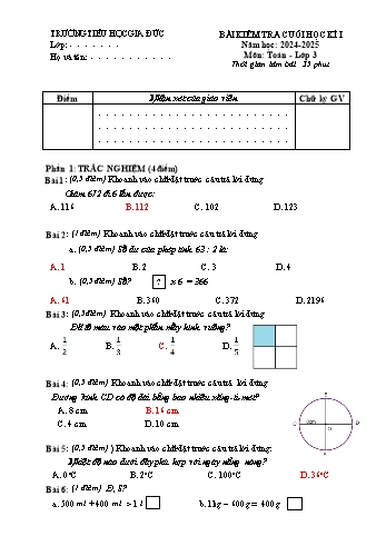Đề kiểm tra cuối học kỳ I môn Toán Lớp 3 - Năm học 2024-2025 - Trường Tiểu học Gia Đức