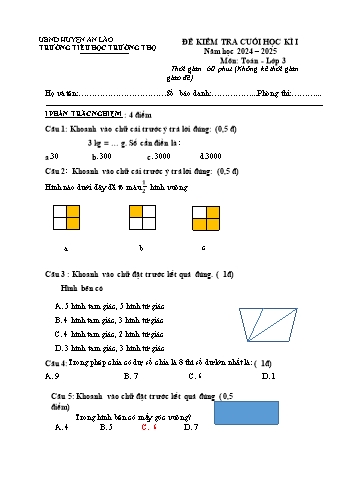 Đề kiểm tra cuối học kỳ I môn Toán Lớp 3 - Năm học 2024-2025 - Trường Tiểu học Trường Thọ (Có đáp án)