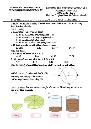Đề kiểm tra cuối học kỳ I môn Toán Lớp 3 - Năm học 2024-2025 - Trường TH&THCS Lê Khắc Cẩn (Có đáp án)
