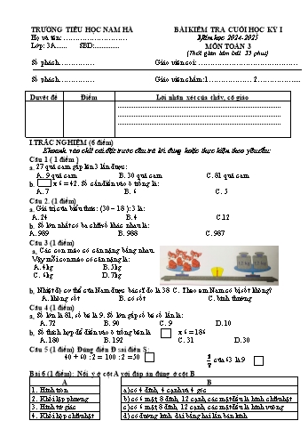 Đề kiểm tra cuối học kỳ I môn Toán Lớp 3 - Năm học 2024-2025 - Trường Tiểu học Nam Hà (Có đáp án)