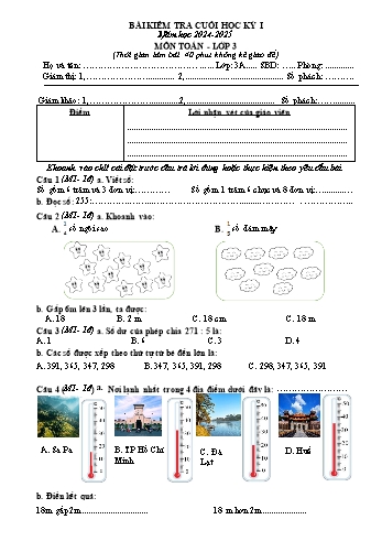 Đề kiểm tra cuối học kỳ I môn Toán Lớp 3 - Năm học 2024-2025 - Trường Tiểu học Đồng Hòa (Có đáp án)