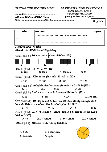 Đề kiểm tra cuối học kỳ I môn Toán Lớp 3 - Năm học 2024-2025 - Trường Tiểu học Tiên Minh (Có đáp án + Ma trận)