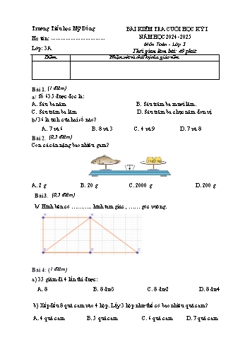 Đề kiểm tra cuối học kỳ I môn Toán Lớp 3 - Năm học 2024-2025 - Trường Tiểu học Mỹ Đồng (Có đáp án + Ma trận)