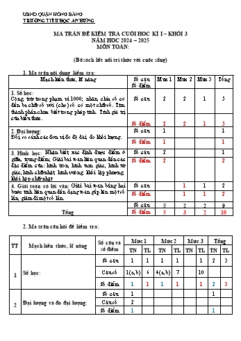 Đề kiểm tra cuối học kỳ I môn Toán Lớp 3 - Năm học 2024-2025 - Trường Tiểu học An Hưng (Có đáp án + Ma trận)