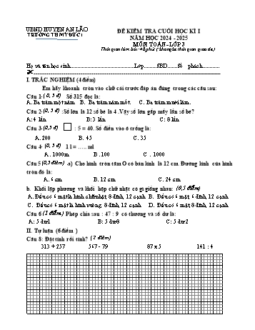 Đề kiểm tra cuối học kỳ I môn Toán Lớp 3 - Năm học 2024-2025 - Trường Tiểu học Mỹ Đức 1 (Có đáp án + Ma trận)