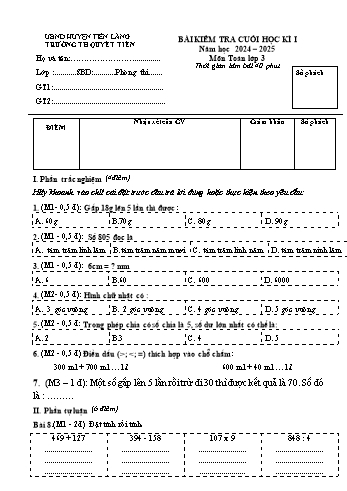 Đề kiểm tra cuối học kỳ I môn Toán Lớp 3 - Năm học 2024-2025 - Trường Tiểu học Quyết Tiến