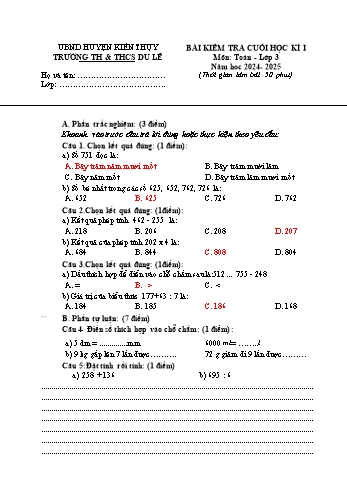 Đề kiểm tra cuối học kỳ I môn Toán Lớp 3 - Năm học 2024-2025 - Trường TH&THCS Du Lễ (Có đáp án)