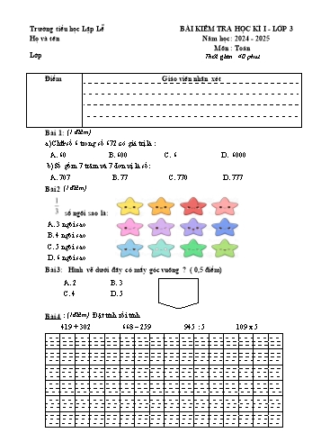 Đề kiểm tra cuối học kỳ I môn Toán Lớp 3 - Năm học 2024-2025 - Trường Tiểu học Lập Lễ (Có đáp án + Ma trận)