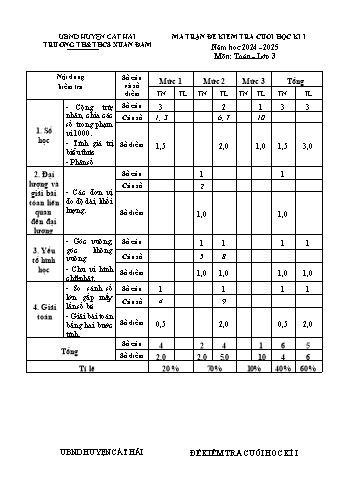Đề kiểm tra cuối học kỳ I môn Toán Lớp 3 - Năm học 2024-2025 - Trường TH&THCS Xuân Đàm (Có đáp án + Ma trận)