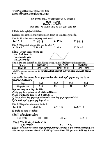 Đề kiểm tra cuối học kỳ I môn Toán Lớp 3 - Năm học 2024-2025 - Trường Tiểu học Ngọc Xuyên (Có đáp án)