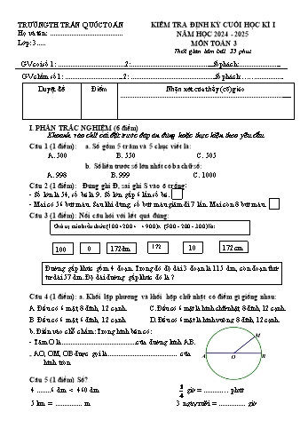Đề kiểm tra cuối học kỳ I môn Toán Lớp 3 - Năm học 2024-2025 - Trường Tiểu học Trần Quốc Toản (Có đáp án)