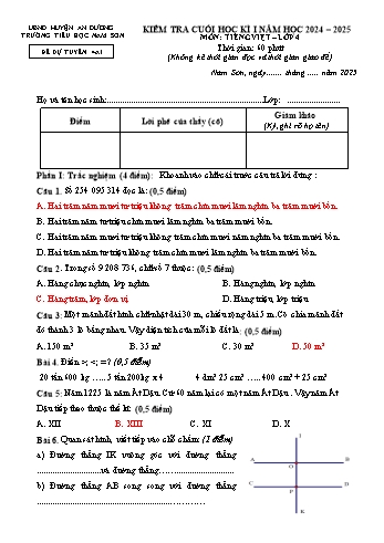 Đề kiểm tra cuối học kỳ I môn Toán Lớp 4 - Mã 4A1 - Năm học 2024-2025 - Trường Tiểu học Nam Sơn (Có đáp án + Ma trận)