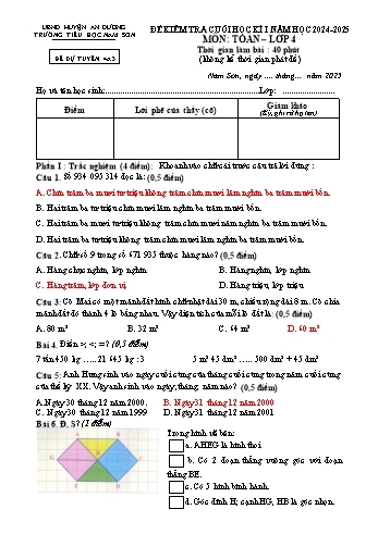 Đề kiểm tra cuối học kỳ I môn Toán Lớp 4 - Mã 4A3 - Năm học 2024-2025 - Trường Tiểu học Nam Sơn (Có đáp án + Ma trận)