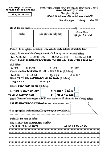 Đề kiểm tra cuối học kỳ I môn Toán Lớp 4 - Mã 4A4 - Năm học 2024-2025 - Trường Tiểu học Nam Sơn (Có đáp án + Ma trận)