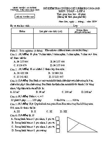 Đề kiểm tra cuối học kỳ I môn Toán Lớp 4 - Mã 4A5 - Năm học 2024-2025 - Trường Tiểu học Nam Sơn (Có đáp án + Ma trận)