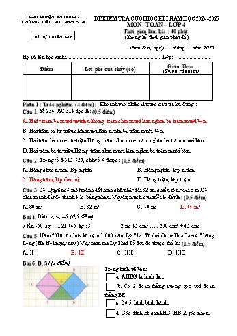 Đề kiểm tra cuối học kỳ I môn Toán Lớp 4 - Mã 4A6 - Năm học 2024-2025 - Trường Tiểu học Nam Sơn (Có đáp án + Ma trận)