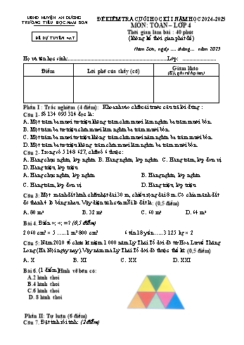 Đề kiểm tra cuối học kỳ I môn Toán Lớp 4 - Mã 4A7 - Năm học 2024-2025 - Trường Tiểu học Nam Sơn (Có đáp án + Ma trận)