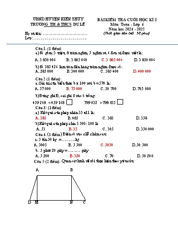 Đề kiểm tra cuối học kỳ I môn Toán Lớp 4 - Năm học 2024-2025 - Trường TH&THCS Du Lễ (Có đáp án)
