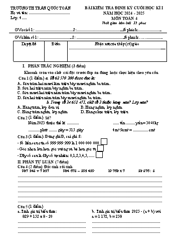 Đề kiểm tra cuối học kỳ I môn Toán Lớp 4 - Năm học 2024-2025 - Trường Tiểu học Trần Quốc Toản (Có đáp án)