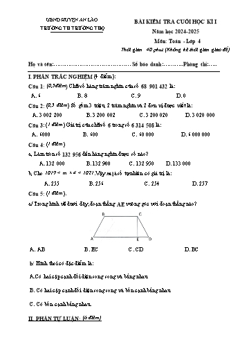 Đề kiểm tra cuối học kỳ I môn Toán Lớp 4 - Năm học 2024-2025 - Trường Tiểu học Trường Thọ (Có đáp án)