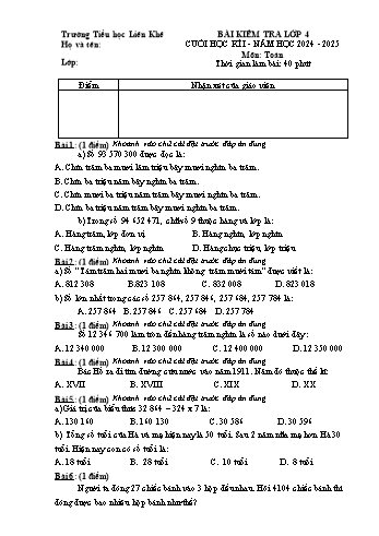 Đề kiểm tra cuối học kỳ I môn Toán Lớp 4 - Năm học 2024-2025 - Trường Tiểu học Liên Khê (Có đáp án)