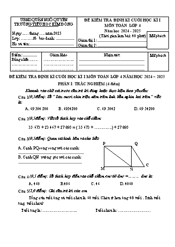 Đề kiểm tra cuối học kỳ I môn Toán Lớp 4 - Năm học 2024-2025 - Trường Tiểu học Kim Đồng (Có đáp án + Ma trận)