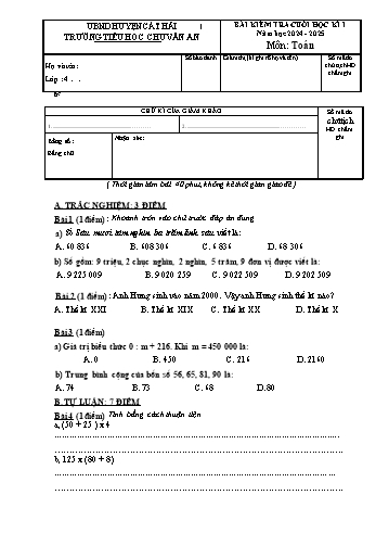Đề kiểm tra cuối học kỳ I môn Toán Lớp 4 - Năm học 2024-2025 - Trường Tiểu học Chu Văn An (Có đáp án + Ma trận)