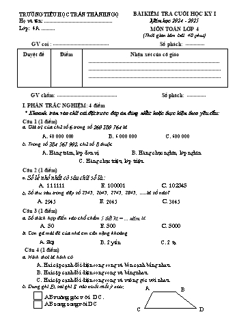 Đề kiểm tra cuối học kỳ I môn Toán Lớp 4 - Năm học 2024-2025 - Trường Tiểu học Trần Thành Ngọ (Có đáp án)