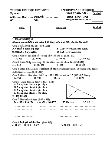 Đề kiểm tra cuối học kỳ I môn Toán Lớp 4 - Năm học 2024-2025 - Trường Tiểu học Tiên Minh (Có đáp án)