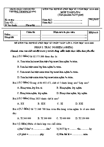 Đề kiểm tra cuối học kỳ I môn Toán Lớp 4 - Năm học 2024-2025 - Trường Tiểu học Đằng Giang (Có đáp án + Ma trận)